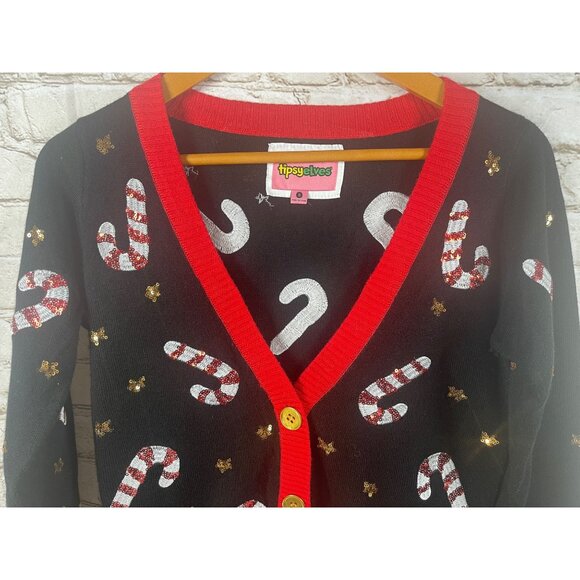 Tipsy Elves Ugly Christmas Sweater Cardigan Sz S  Candy Cane Sequin Holiday - Picture 1 of 8